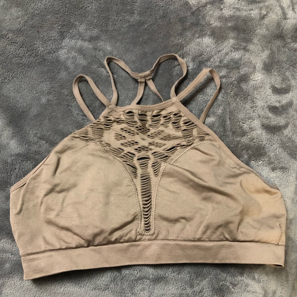 Three Bird Nest tan floral cut out high neck bralette